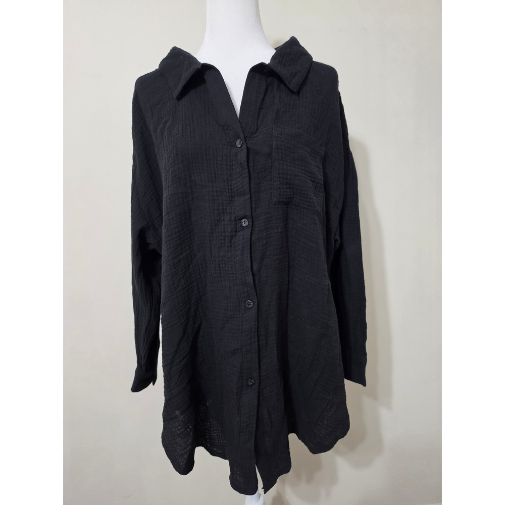 Shade & Shore Black Cotton Gauze Button Down Swim Cover Up Shirt Large NWT